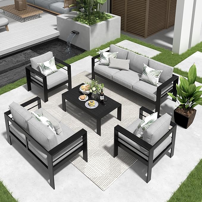 Solaste Aluminum Patio Furniture Set,5 Pieces Modern Outdoor Conversation Set Sectional Sofa with Upgrade Cushion and Coffee Table,Black Frame and Grey Cushion - LeafyLoom