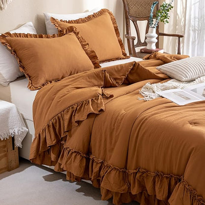 Pumpkin Farmhouse King Size Comforter Set,Shabby Boho Chic Bedding Ruffled King Bed Comforter Vintage Rustic Burnt Orange Bedding Sets 3 Pieces (1 Ruffle Comforter and 2 Pillowcases) - LeafyLoom