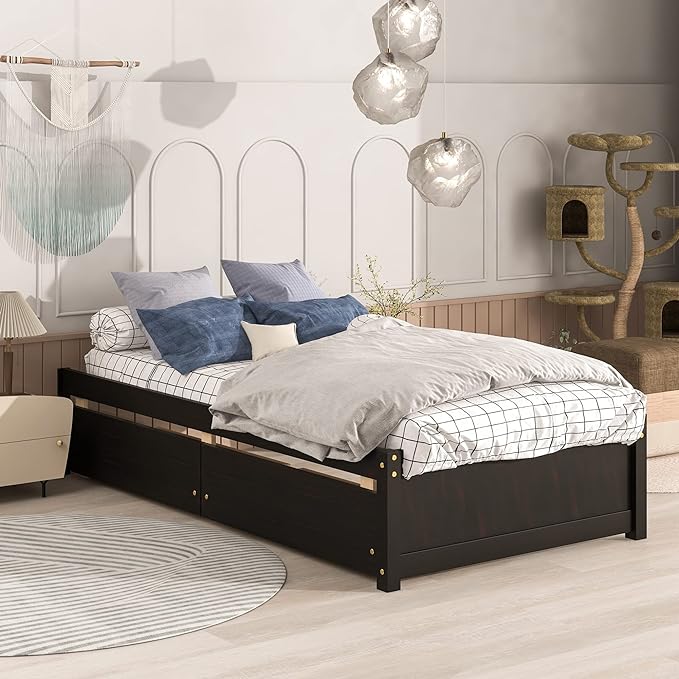 Twin Bed with 2 Storage Drawers, Solid Pinewood Twin Size Bed Frame,for Boys/Girls/Teens Bedroom, Easy to Assemble, No Box Spring Needed,Espresso - LeafyLoom