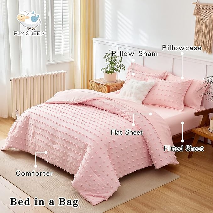 7 Pieces Tufted Dots Bed in a Bag King Comforter Set with Sheets Pink , Soft and Embroidery Shabby Chic Boho Comforters, Solid Color with Pom Pom Design, Jacquard Tufts Bedding Set for All Season - LeafyLoom