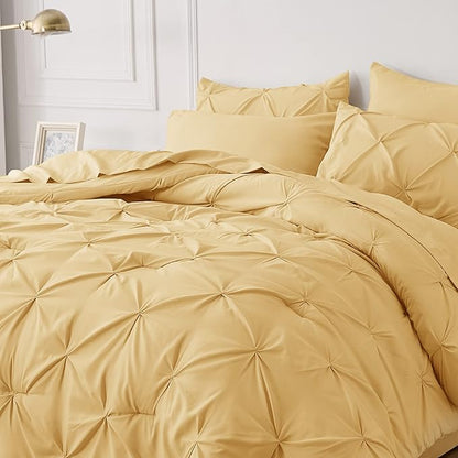 Bedsure King Size Comforter Set - Bedding Set King 7 Pieces, Pintuck Bed in a Bag Yellow Bed Set with Comforter, Sheets, Pillowcases & Shams - LeafyLoom