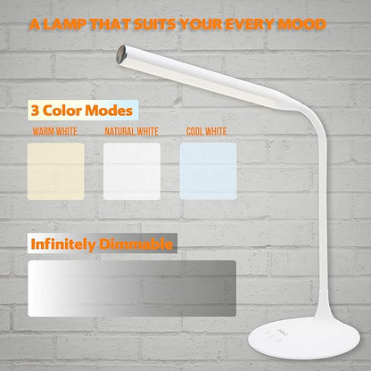 DAC LED Desk Lamp, Eye Care Table Lamp, 360 Degree Flexible Gooseneck, Continuously Dimmable, 3 Color Modes, Touch-Sensitive Control Panel, 40-Minute Auto Shut-Off Timer, White, 6W - LeafyLoom