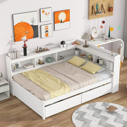 Full Size Bed with Storage Drawers and L-Shaped Bookcases, Wood Platform Bed Daybed Sofa Bed Frame with Headboard for Bedroom Living Room, White - LeafyLoom