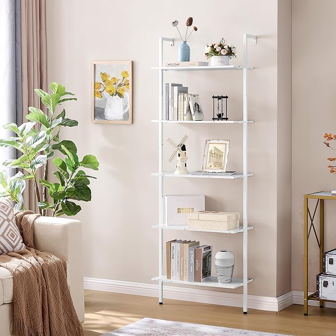 Tajsoon 25.2''W Ladder Shelf Bookshelf, 5 Tier Wall Shelf with Metal Frame, Modern Open Wall Mount Bookcases for Home, Office, Balcony, Plant Flower, White - LeafyLoom