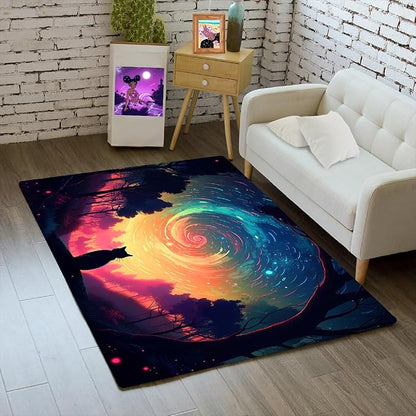 Moon Black Cat Rug - Mystical Stary Night Cat Rug for Kids Bedroom Colorful Black Cat Rug Decor Room Cat Door Mats Outdoor Entrance, 2x3 Feet - LeafyLoom