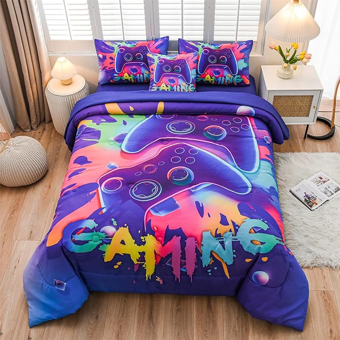 Aimuan Gaming Comforter Sets for Boys Kids Bedding Sets Video Games Console Action Buttons Novelty Colorful Game Gamepad Controller Modern Gamer Room Decor Home Quilt Set (Twin 6 Pcs,Purple) - LeafyLoom