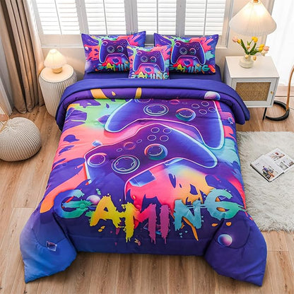 Aimuan Gaming Comforter Sets for Boys Kids Bedding Sets Video Games Console Action Buttons Novelty Colorful Game Gamepad Controller Modern Gamer Room Decor Home Quilt Set (Queen 6 Pcs,Purple) - LeafyLoom