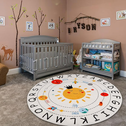 ABC Kids Rug,5.2 ft Washable Nursery Rug,Soft Plush Educational Circle Rug,Non-Slip Solar System Alphabet Rug for Classroom playroom Bedroom Kids Room Decor - LeafyLoom