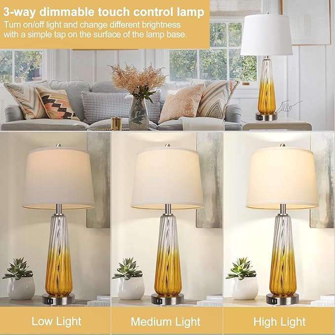 Table Lamps Set of 2 with Touch Control, 3-Way Dimmable Modern Glass Bedside Lamps with 2 USB Ports, Nightstand Lamp with White Fabric Shade, 27.5" Large Lamps for Living Room Bedrooms Decorations - LeafyLoom