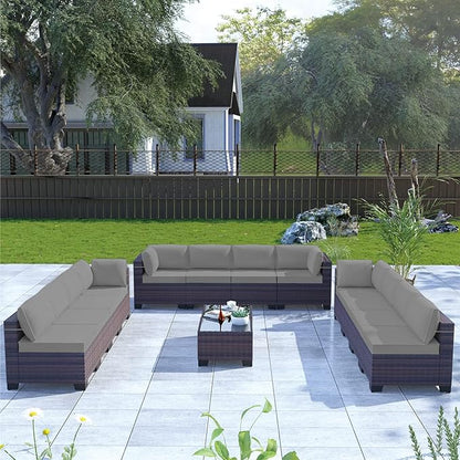 Kullavik 14PCS Outdoor Patio Furniture Set PE Wicker Rattan Sectional Sofa Patio Conversation Sets,Grey - LeafyLoom