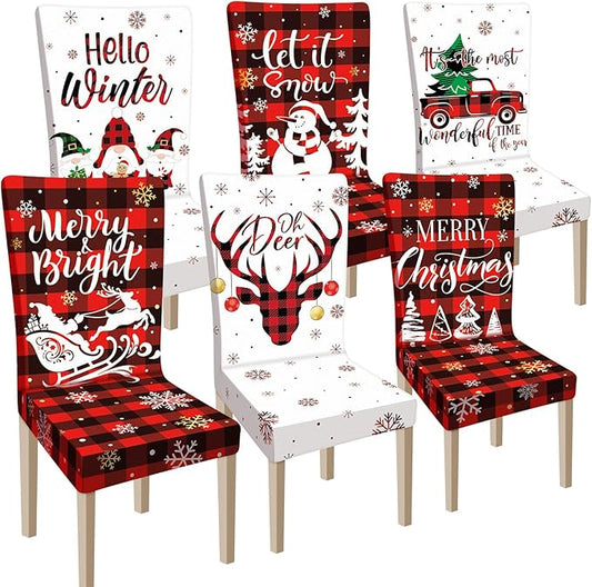 Ganeen 6 Pcs Christmas Chair Covers Merry Christmas Chair Back Cover Stretch Christmas Seat Cover Washable Xmas Dining Chair Protector Slipcover for Dining Room Kitchen Holiday Party (Cute Style) Ganeen