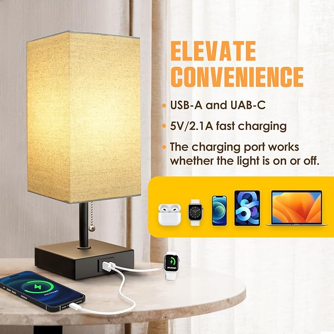 Bedside Lamp for Bedroom with USB Port, Beige Table Lmp with USB C + A Charging Ports, Pull Chain Nightstand Lamp with Fabric Shade for Living Room, Dorm, Home Office (LED Bulb Included) - LeafyLoom