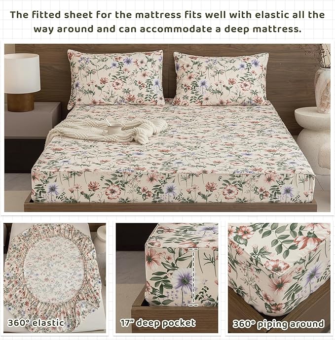 QSH Floral Egyptian Cotton Sheets Queen Size - Pink Flowers Green Leaves Pattern Printed Bedding Sheets Queen Size Bed Extra Soft and Breathable 4pcs Deep Pockets Bed Sheets - LeafyLoom