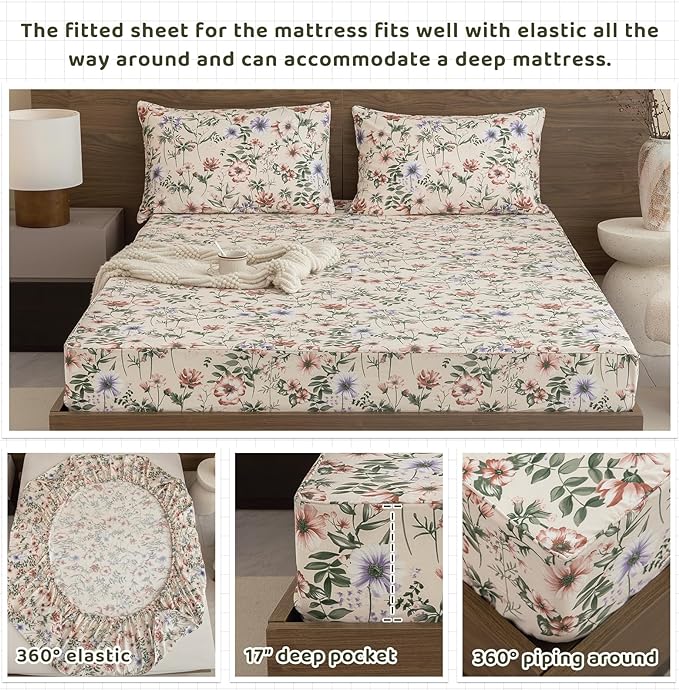 QSH Floral Egyptian Cotton Sheets King Size - Pink Flowers Green Leaves Pattern Printed Bedding King Size Bed Sheets 17.5" Extra Deep Pocket 4pcs - LeafyLoom