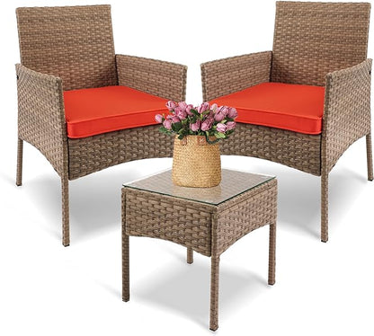 YIYAN 3 Pieces Patio Bistro Set Outdoor Wicker Furniture Outdoor Porch PE Rattan Wicker Chairs Furniture Sets with Sofa Chairs,Glass Coffee Table and Red Washable Cushion - LeafyLoom