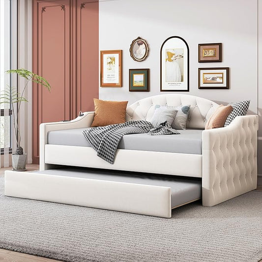 Twin Size Velvet Tufted Upholstered Daybed with Trundle, Modern Solid Wood Sofa Bed w/USB & Type-C Charging Ports, for Bedroom Living Room, No Box-spring Needed, Beige - LeafyLoom