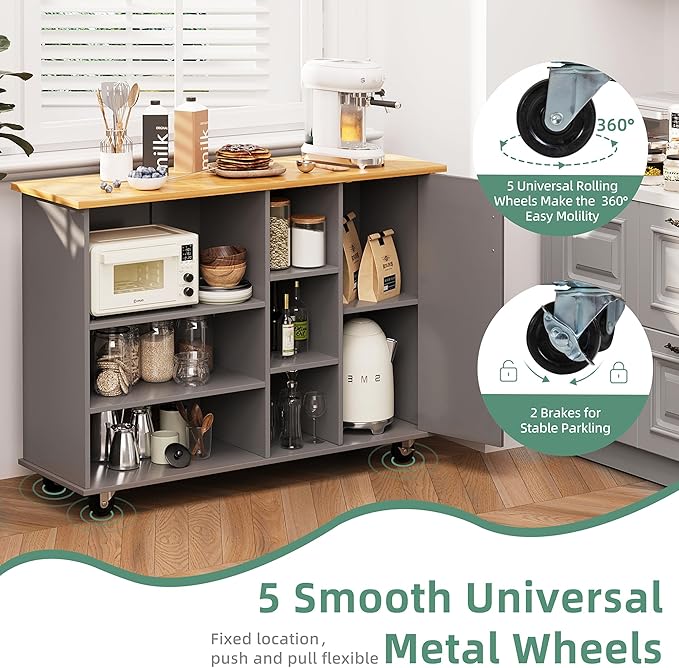 Shintenchi 47”W Kitchen Storage Island Cart with 6 Open Shelves and 1 Cabinet, Portable Trolley Cart with Wood Work Top and Handle/Towel Rack, Gray - LeafyLoom