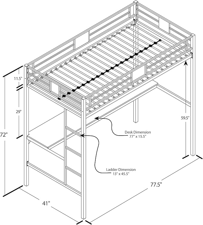 DHP Screen Loft Metal Bunk Bed with Desk and Ladder, Space-Saving Design, Silver Twin - LeafyLoom