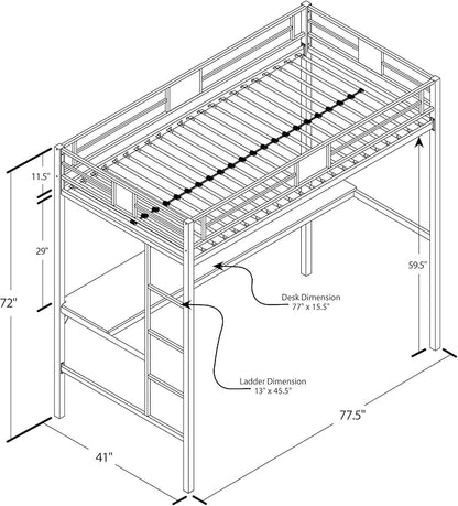 DHP Screen Loft Metal Bunk Bed with Desk and Ladder, Space-Saving Design, Silver Twin - LeafyLoom