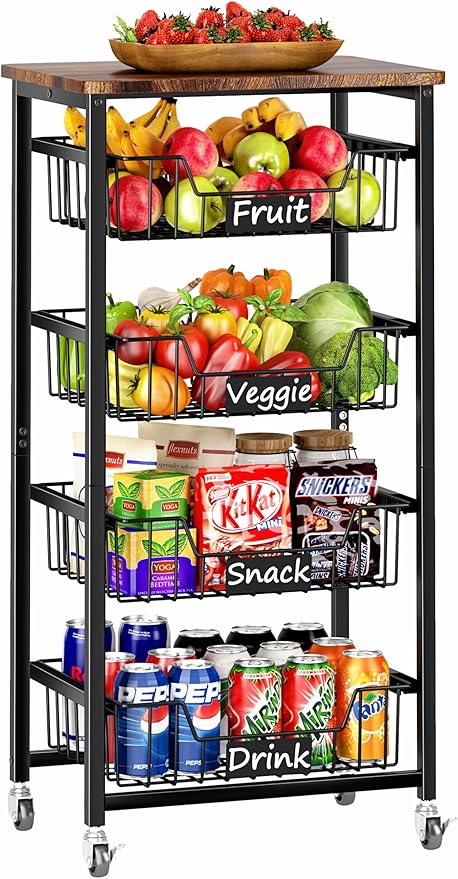 Fruit Basket, 5-Tier Utility Kitchen Organizer and Storage Cart with Pull-Out Baskets and Wood Top, Rolling Pantry Kitchen Cart on Wheels for Fruit Potato Onion Vegetable Snack Produce - LeafyLoom