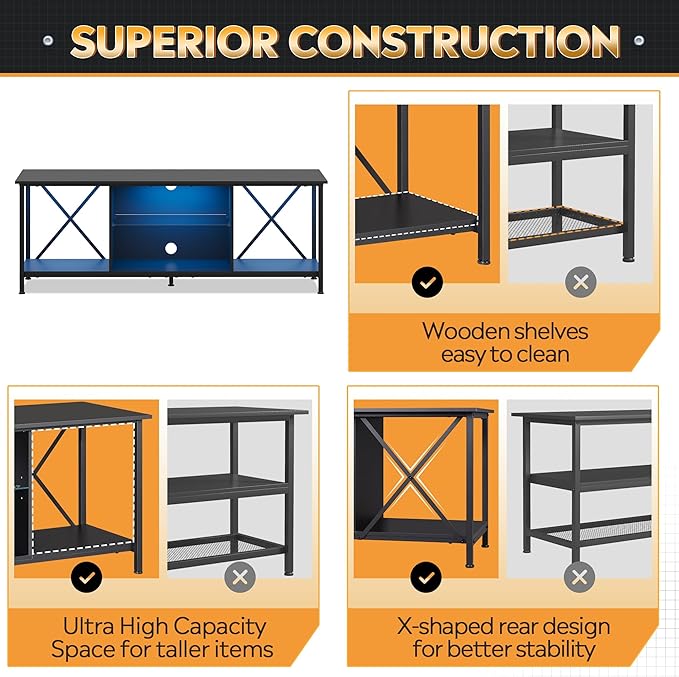 WLIVE TV Stand up to 65 Inch TV, 55" Entertainment Center with LED, Industrial TV Console with Glass Shelf for Living Room and Bedroom, Black - LeafyLoom