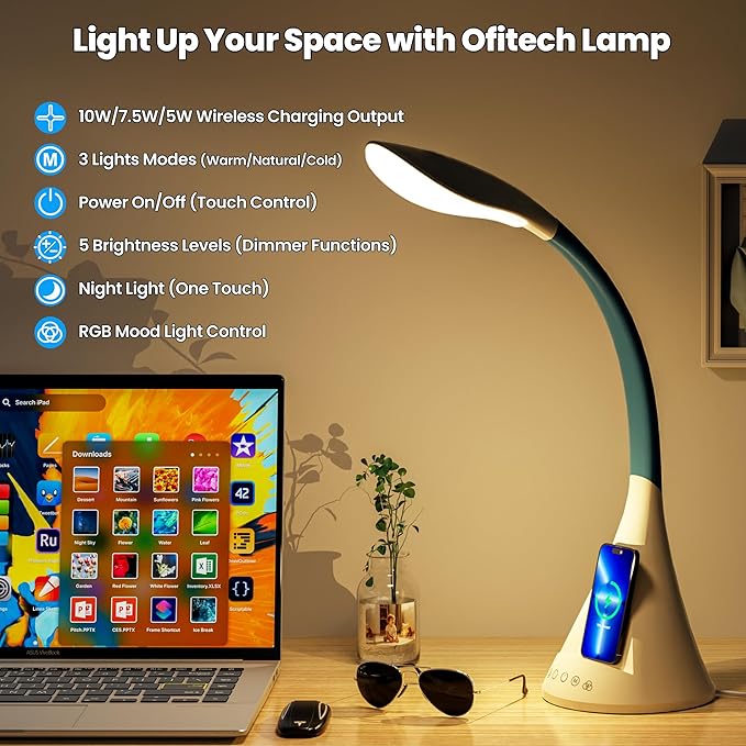 Modern Heavy Duty Bright LED Desk Lamp for Home Office, Wireless Charging, Touch Desk Lamp, Adjustable Neck & Height, 5 Brightness Level, 3 Light Temps, 56 LEDs & 4 Years Lifespan (White) - LeafyLoom