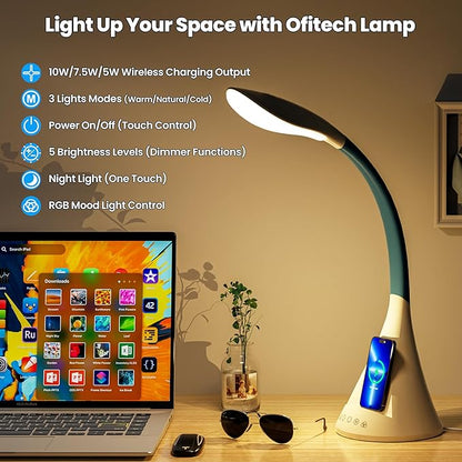 Modern Heavy Duty Bright LED Desk Lamp for Home Office, Wireless Charging, Touch Desk Lamp, Adjustable Neck & Height, 5 Brightness Level, 3 Light Temps, 56 LEDs & 4 Years Lifespan (White) - LeafyLoom