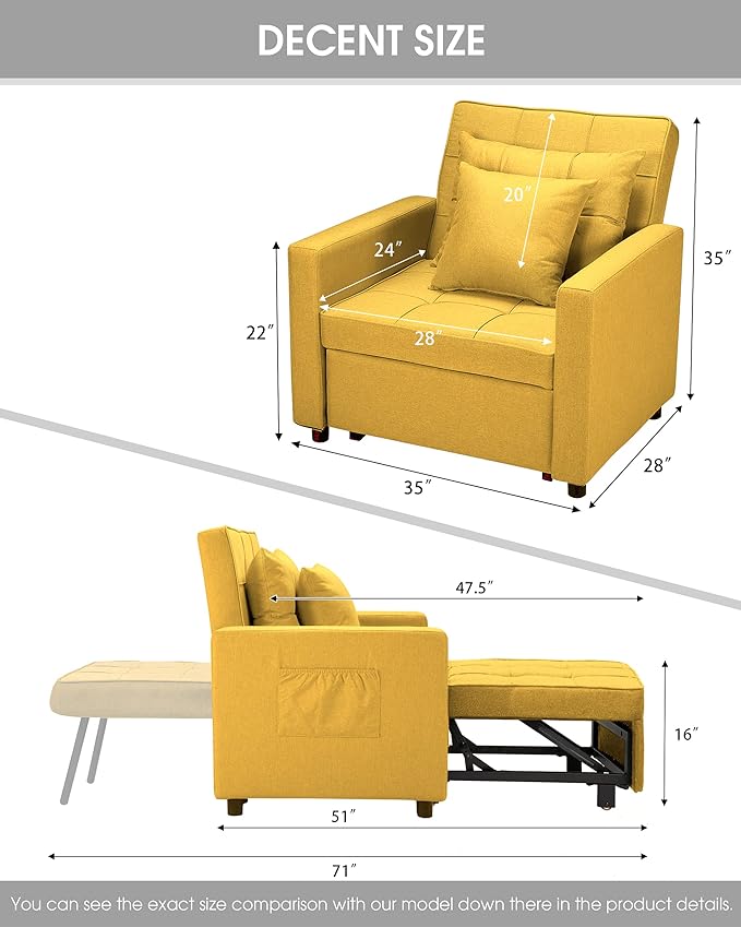 XSPRACER [UPDATED] Convertible Chair Bed, Sleeper Chair Bed 3 in 1, Stepless Adjustable Backrest,Armchair, Sofa, Bed, Linen, Yellow, Single One - LeafyLoom