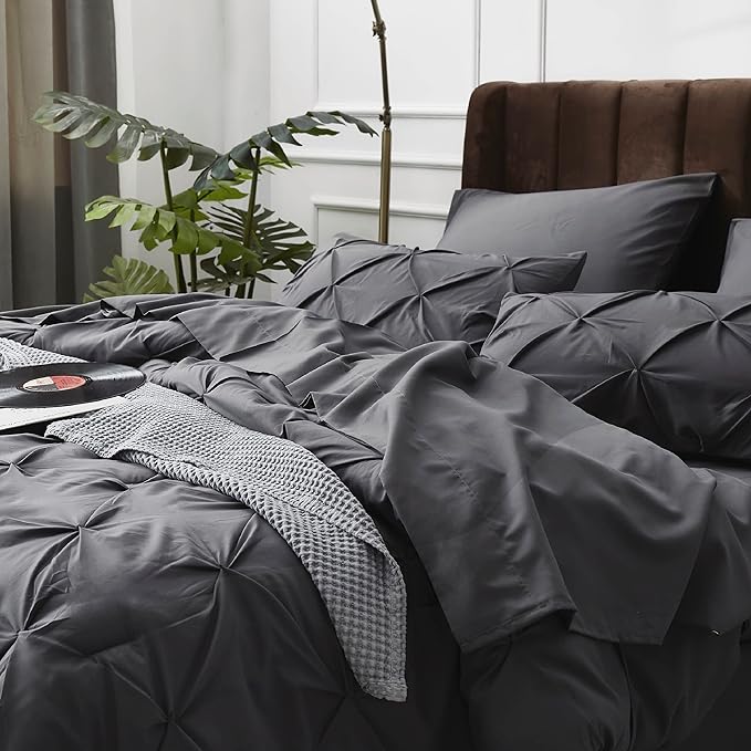 Bedsure Dark Grey Comforter Set Queen - Bed in a Bag Queen 7 Pieces, Pintuck Bedding Sets Dark Grey Bed Set with Comforter, Sheets, Pillowcases & Shams - LeafyLoom