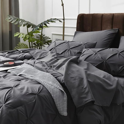 Bedsure King Size Comforter Set - Bedding Set King 7 Pieces, Pintuck Bed in a Bag Dark Grey Bed Set with Comforter, Sheets, Pillowcases & Shams - LeafyLoom