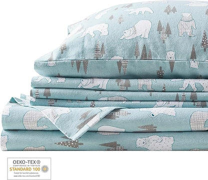 Comfort Spaces Cotton Flannel Breathable Warm, Deep Pocket Sheets with Pillow Case Bedding, Queen, Blue Polar Bears 4 Piece - LeafyLoom