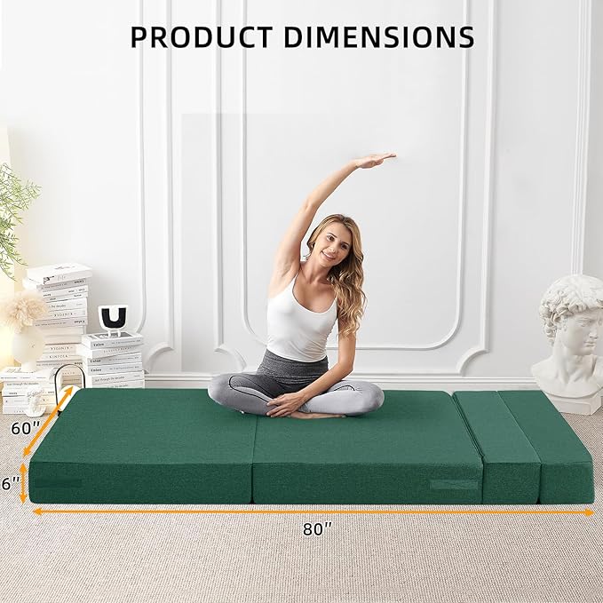 Convertible Folding Sofa Bed-Sleeper Chair with Pillow, Modern Linen Fabric Floor & Futon Couch, Foldable Mattress for Living Room/Dorm/Guest Use/Home Office/Apartment, Queen Size,Dark Green - LeafyLoom