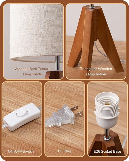 EDISHINE Tripod Table Lamp, Small Cute Bedside Lamp with Linen Beige Lampshade, Nightstand Lamp for Nursery, Bedroom, Kid Room, Living Room, Light Brown Wooden Base, E26 Socket, 14.2 Inch - LeafyLoom