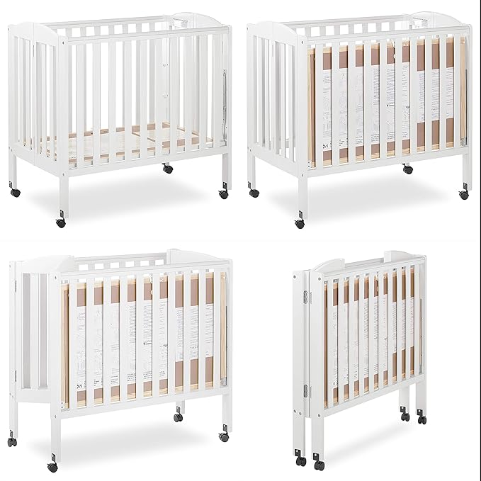 3 in 1 Portable Folding Stationary Side Crib in White, Greenguard Gold Certified, Safety Wheel with Locking Casters, Convertible, 3 Mattress Heights - LeafyLoom