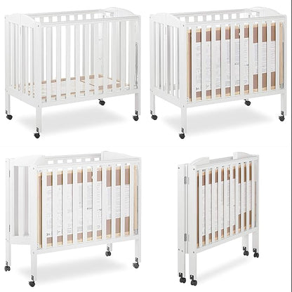 3 in 1 Portable Folding Stationary Side Crib in White, Greenguard Gold Certified, Safety Wheel with Locking Casters, Convertible, 3 Mattress Heights - LeafyLoom