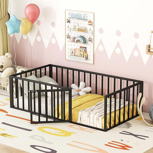 RITSU Twin Size Metal Floor Fence Bed, Montessori Bedframe, with Safety Guardrail and Door, for Children Bedroom, Boys Girls, Apartment, Strong & Durable, Easy to Assemble, Black - LeafyLoom