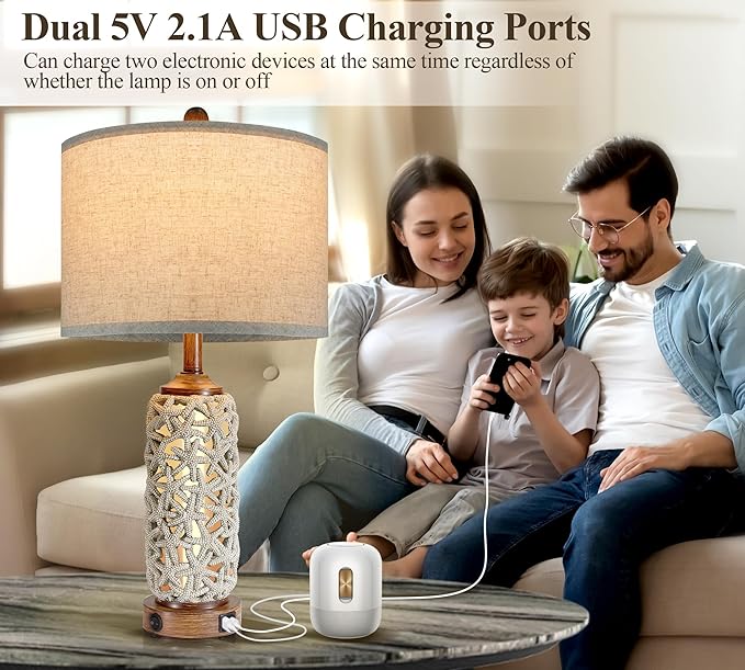 Coastal Nautical Lamp Farmhouse Table Lamps for Living Room Bedroom， Bedside Lamp with Dual USB Port，26.5'' Tall Nightstand Lamps(2 Bulb Included) - LeafyLoom