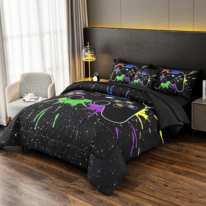 DORCAS Full Size Gamer Comforter Set with Sheets for Boys,Game Console Black Bedding Set for Kids,6 Pieces Bed in a Bag Colorful Graffiti Gaming Controller Comforter,Sheets,Pillowcases (Black, Full) - LeafyLoom