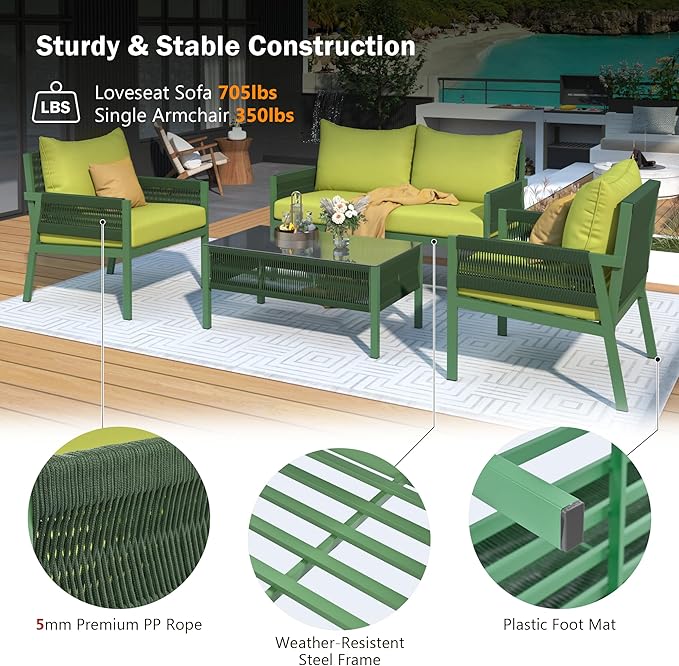 4-Piece Patio Conversation Furniture Set, Rope Weave Outdoor Loveseat Sofa with 2 Armchairs, Thick Cushion&Tempered Glass Table, for Garden Backyard, Onesize, Fluorescent Yellow+Green - LeafyLoom