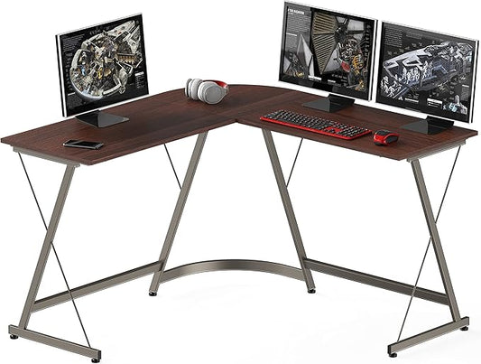 SHW L-Shaped Computer Gaming Desk, Walnut - LeafyLoom