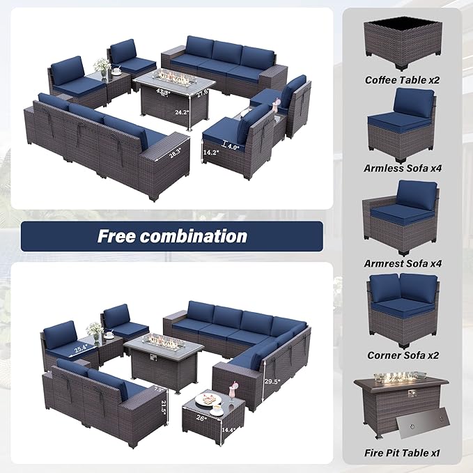 13PCS Patio Furniture Sectional Sofa Set PE Rattan Patio Conversation Set w/43in Gas Fire Pit Table, Outdoor Furniture with 55000 BTU Propane Fire Pit, Navy Blue - LeafyLoom