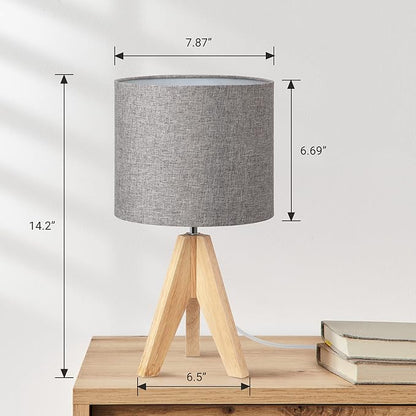 DEWENWILS Mid Century Table Lamp, Wooden Tripod Nightstand Lamp with Linen Fabric Shade, Bedside Lamp for Living Room, Nursery, Bedroom, Side Table, 14.2 Inch, ON/Off Switch - LeafyLoom