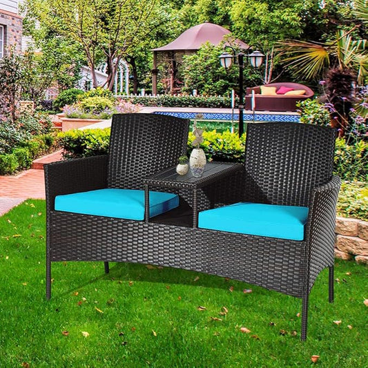 LUARANE Outdoor Rattan Sofas, Contract Patio Conversation Set Wicker Sofa Set with Built-in Coffee Table, Patio Furniture Set with Cushions, Rattan Loveseat for Lawn Backyard Garden (Brown+Blue) - LeafyLoom