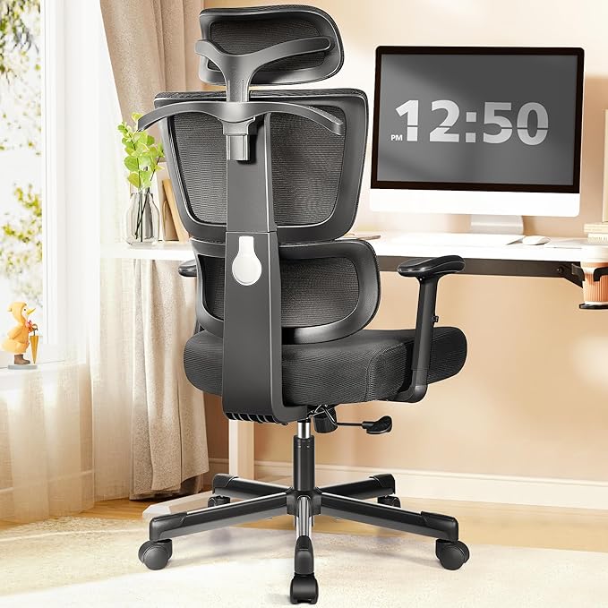 Primy Office Chair Ergonomic Desk Chair, High Back Computer Gaming Chair, Comfy Big and Tall Home Office Chair with Lumbar Support, Breathable Mesh Reclining Chair Adjustable Armrests Headrest(Black) - LeafyLoom