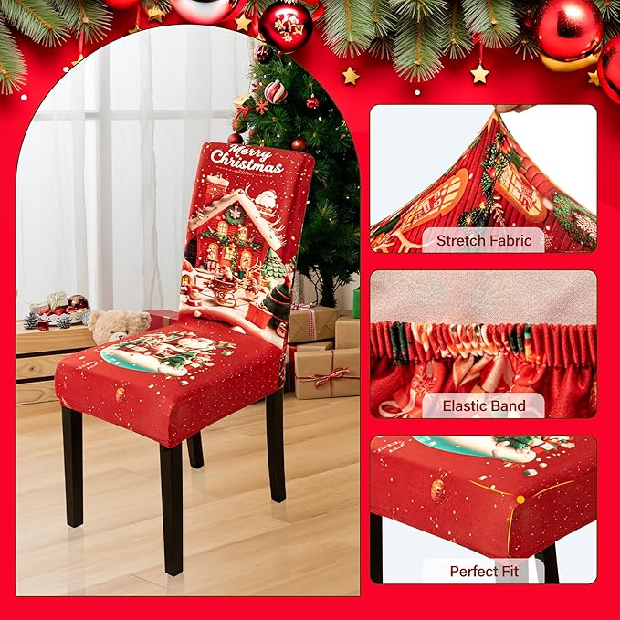 4PCS Christmas Dining Chair Covers Stretch Removable Washable Dining Room Chair Protector Slipcovers Santa Claus House Wreaths Kitchen Chair Cover Slipcover Protector for Xmas Holiday Party Home Décor CZL