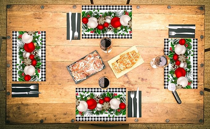 Nepnuser Black and White Gingham Christmas Placemats Set of 4 Buffalo Check Plaid Xmas Place Mats for Home Kitchen Dining Table Decoration Nepnuser