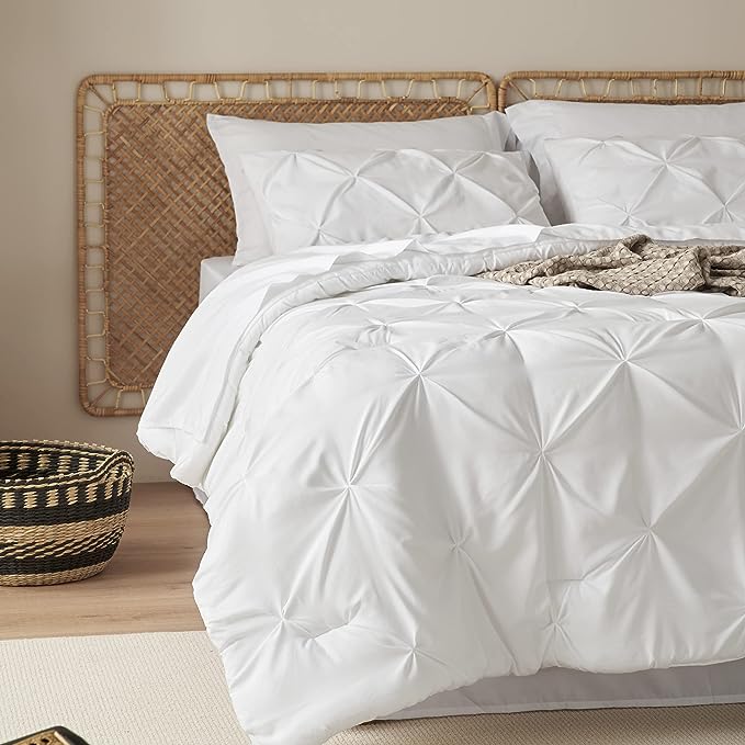 Bedsure California King Comforter Set - Cal King Bed Set 7 Pieces, Pinch Pleat White Cali King Bedding Set with Comforter, Sheets, Pillowcases & Shams - LeafyLoom