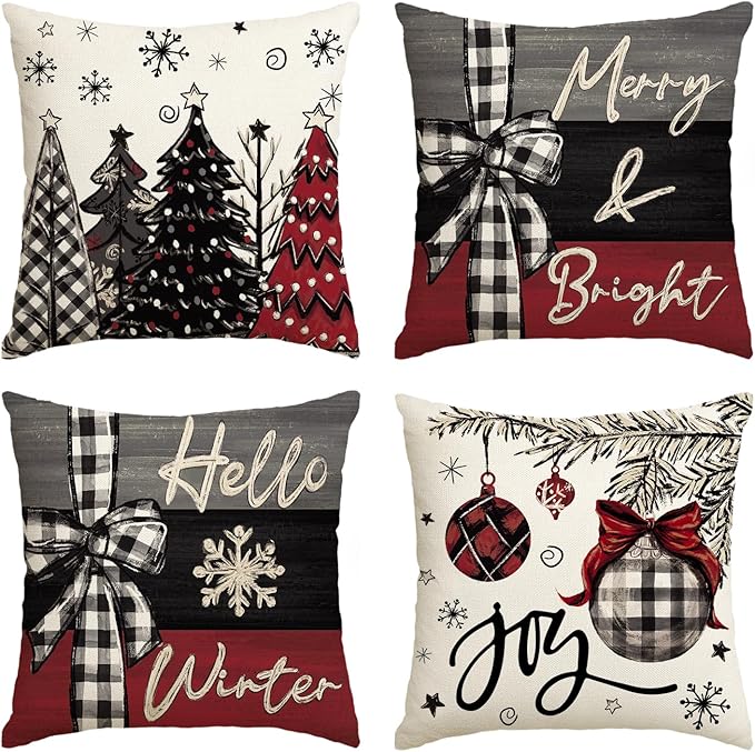 AVOIN colorlife Merry Christmas Joy Xmas Trees Red Throw Pillow Covers, 18 x 18 Inch Christmas Winter Holiday Cushion Case Decoration for Sofa Couch Set of 4 AVOINcolorlife