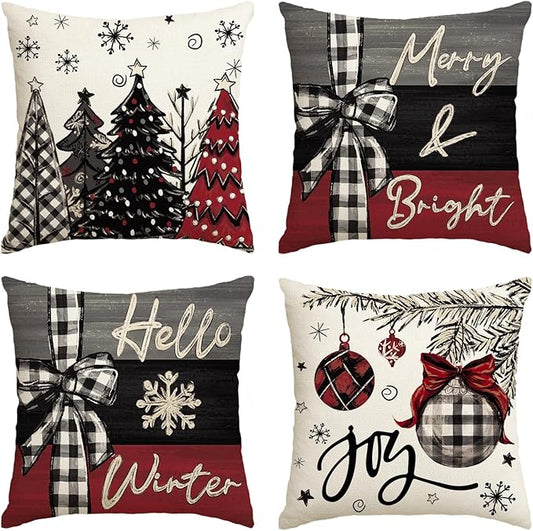 AVOIN colorlife Merry Christmas Joy Xmas Trees Red Throw Pillow Covers, 16 x 16 Inch Christmas Winter Holiday Cushion Case Decoration for Sofa Couch Set of 4 AVOINcolorlife