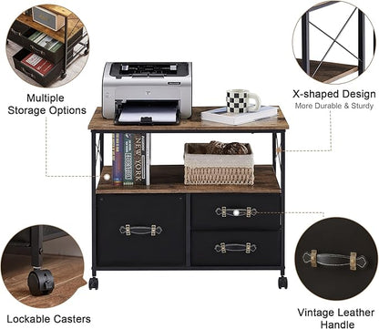 VECELO 3 Drawer Lateral File Cabinet Rolling Printer Stand with Open Storage Shelf, Fits A4 Or Letter Size, with Lockable Casters, Leather Handle, Ideal for Small Spaces, Brown+Black - LeafyLoom